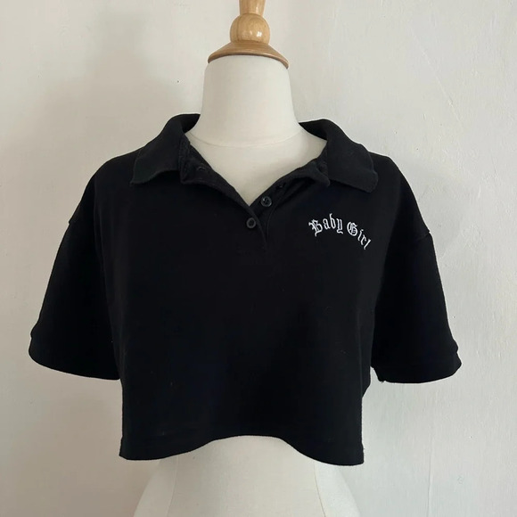 Faded Rose Tops - Faded Rose Women T-Shirt Polo Crop Top Sz Med Black Collared Stretch Baby Girl